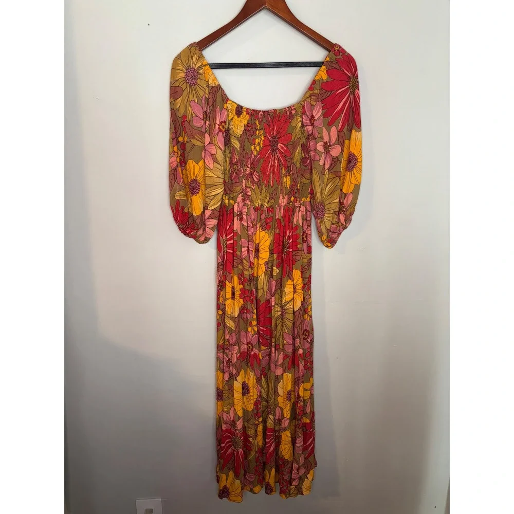 Angie Floral Smocked Maxi Dress S Yellow Red Boho Puff Sleeve Cottagecore - Picture 5 of 6